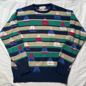 Vintage Bloomingdale's Striped Sailboat Sweater Large Nautical Coastal Grandpa